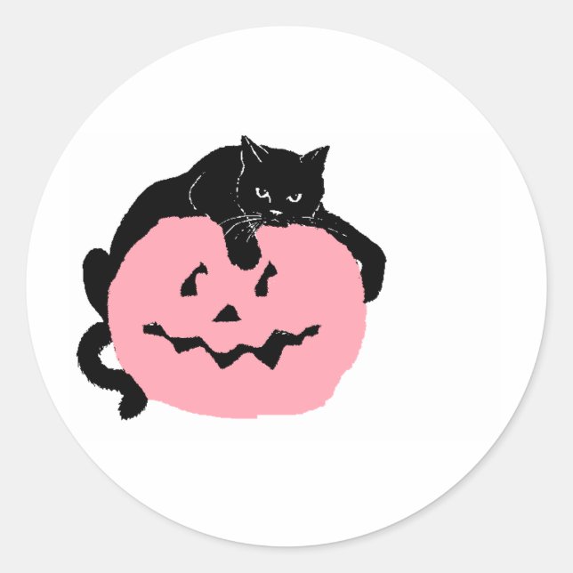 Black Cat On A Pink Pumpkin Classic Round Sticker (Front)