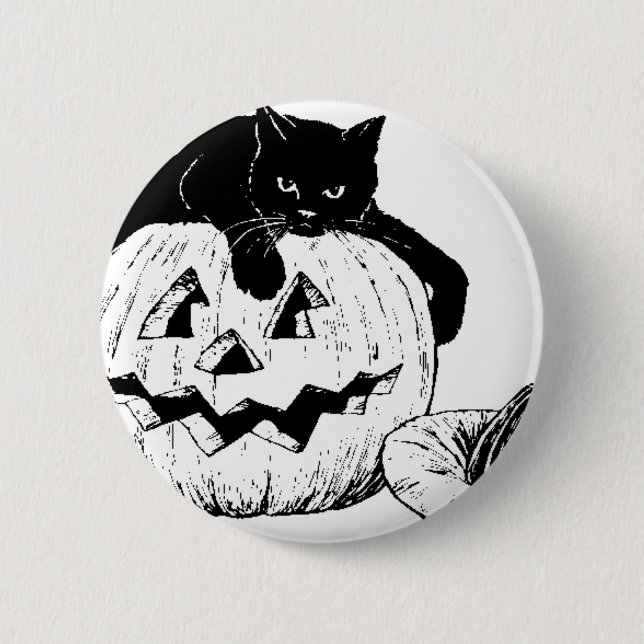 Black Cat On A Pumpkin Pinback Button (Front)
