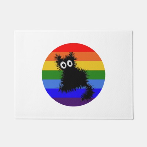 Black cat on a round rainbow background doormat