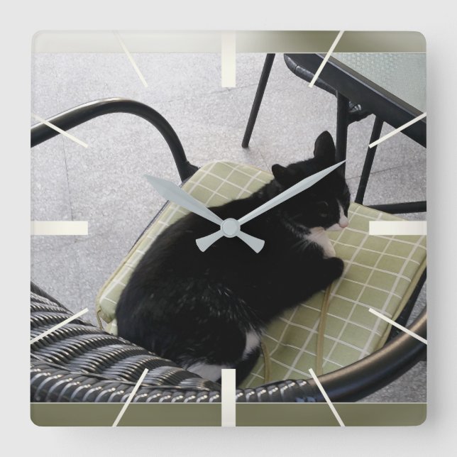 Black cat on a terrace square wall clock (Front)