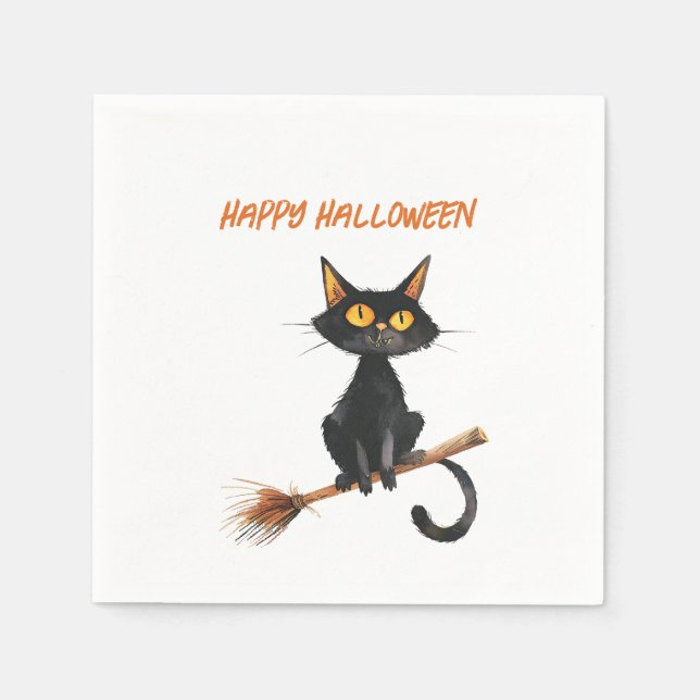 Black Cat on a Witch's Broom Happy Halloween Napkins (Front)