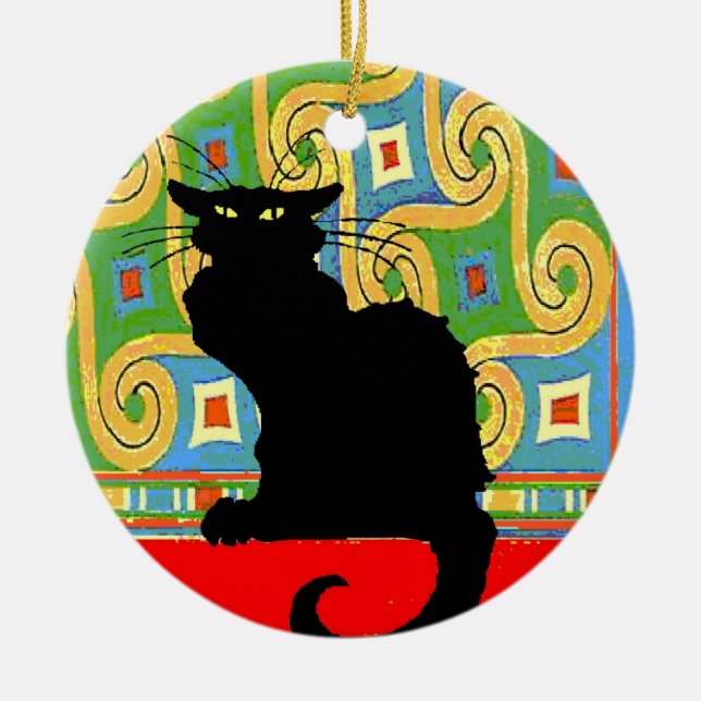 Black Cat on Abstract Wallpaper Ceramic Ornament (Front)