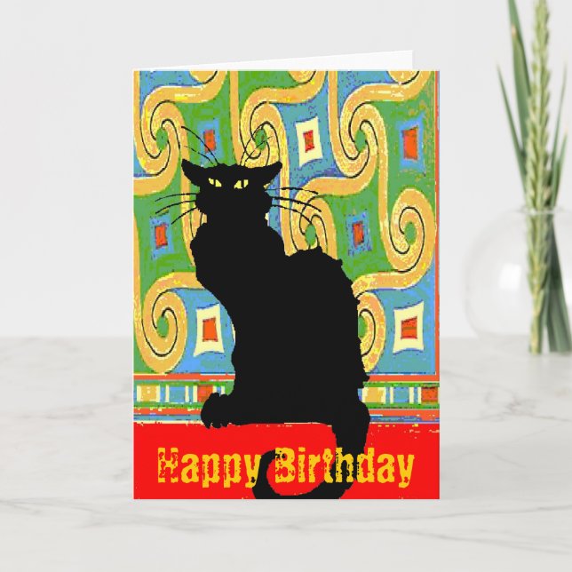 Black Cat on Abstract Wallpaper, Happy Birthday Card (Front)