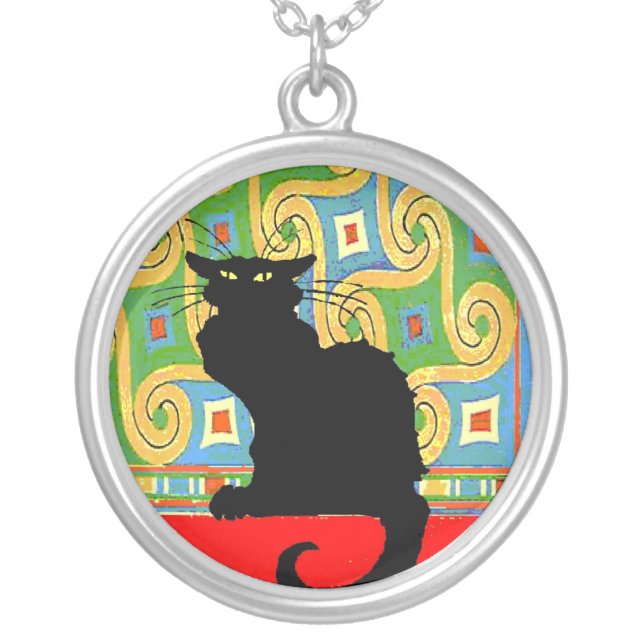 Black Cat on Abstract Wallpaper Silver Plated Necklace (Front)