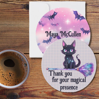 Black cat on bewitched broom pink halloween thank you card