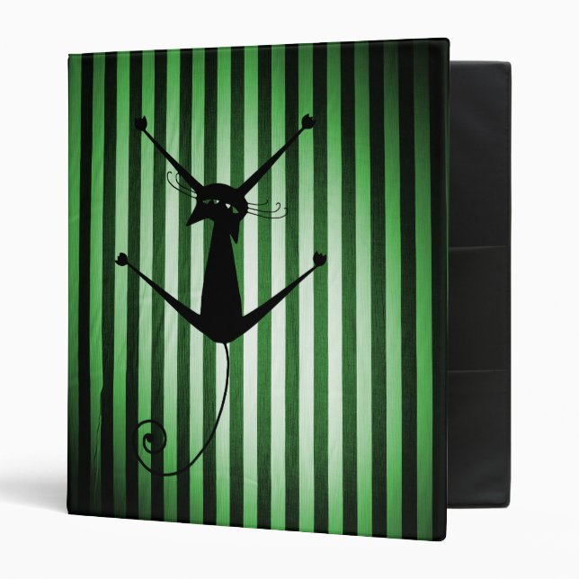 Black Cat on Black & Green Stripes 3 Ring Binder (Front/Inside)