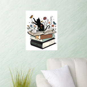 Black Cat on Book Funny Cat Wall Decal