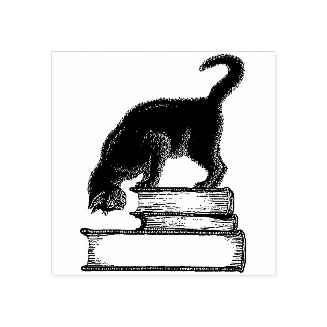 Black Cat on Books Rubber Stamp  (Imprint)
