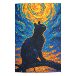 Black Cat on Branch with Yellow Moon – Van Gogh Metal Print