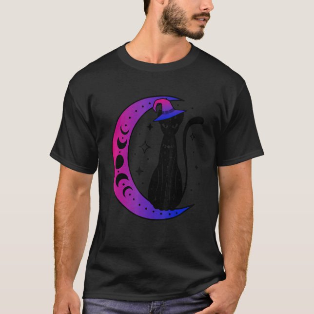 Black Cat On Crescent Moon Bisexuality Bi Pride Fl T-Shirt (Front)