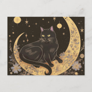 Black Cat on Crescent Moon Black Gold Halloween Holiday Postcard