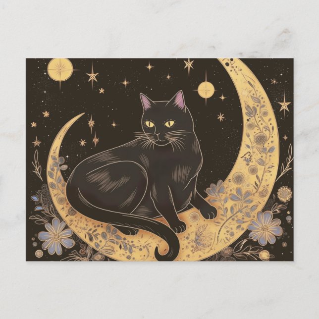 Black Cat on Crescent Moon Black Gold Halloween Holiday Postcard (Front)