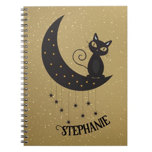 Black Cat On Crescent Moon Stars On Gold Notebook
