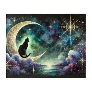 Black Cat on Crescent Moon with Starry Night Sky Acrylic Print
