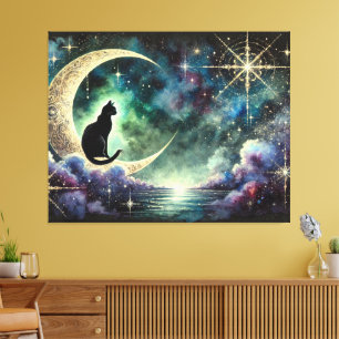 Black Cat on Crescent Moon with Starry Night Sky Canvas Print