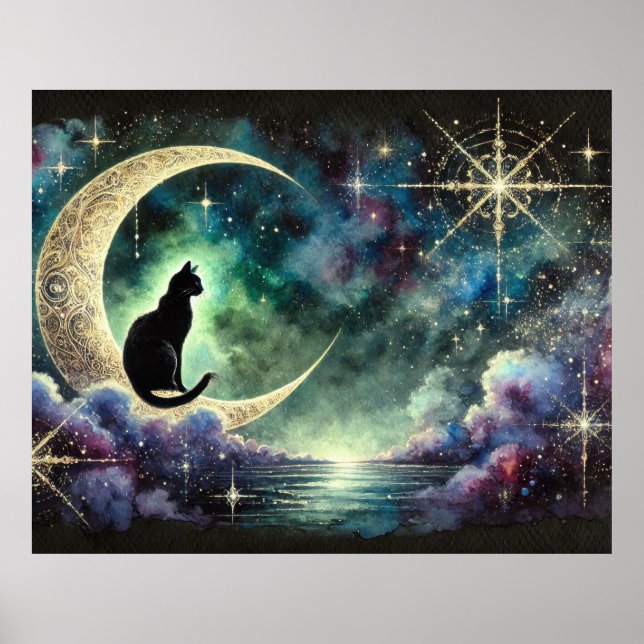 Black Cat on Crescent Moon with Starry Night Sky Poster (Front)