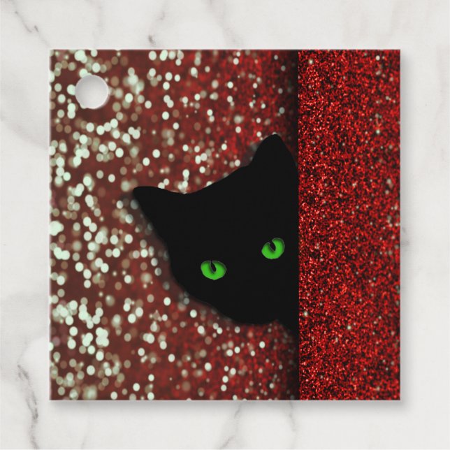 Black Cat on Faux Glitter Christmas Gift Tag (Front)
