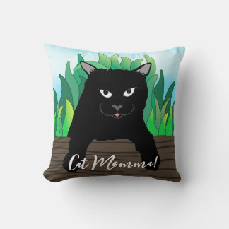 Black cat on fence, Cat momma, Throw Pillow