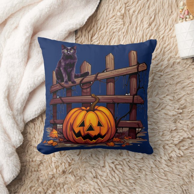 Black Cat on Fence Jack-O' Lantern Halloween Throw Pillow (Blanket)