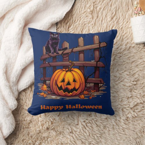 Black Cat on Fence Jack_O Lantern Happy Halloween Throw Pillow