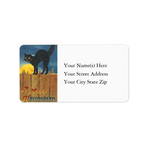 Black Cat on Fence With Moon Vintage Address Label