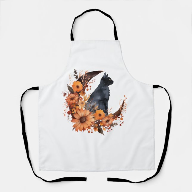 Black Cat On Floral Moon Pumpkin Black Cat Hallowe Apron (Front)