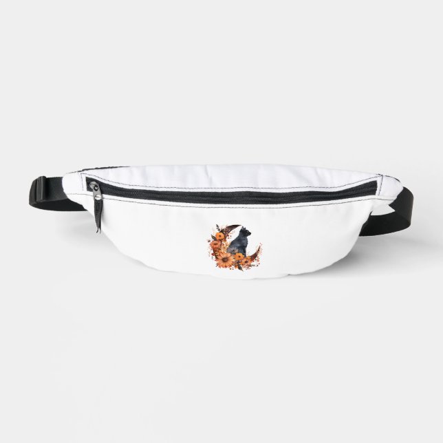 Black Cat On Floral Moon Pumpkin Black Cat Hallowe Fanny Pack (Front)