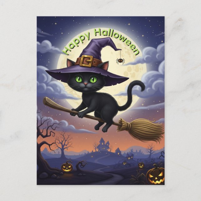 Black Cat on Flying Broom Holiday Postcard (Front)