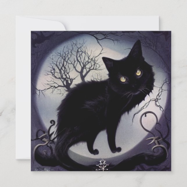Black cat on full moon. Halloween night. Card (Front)
