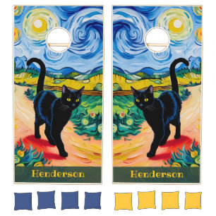 Black Cat on Garden Path – Starry Night Van Gogh Cornhole Set
