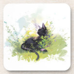 Black Cat on Grass Hard Plastic Coaster