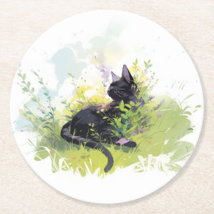 Black Cat on Grass Paper Coaster
