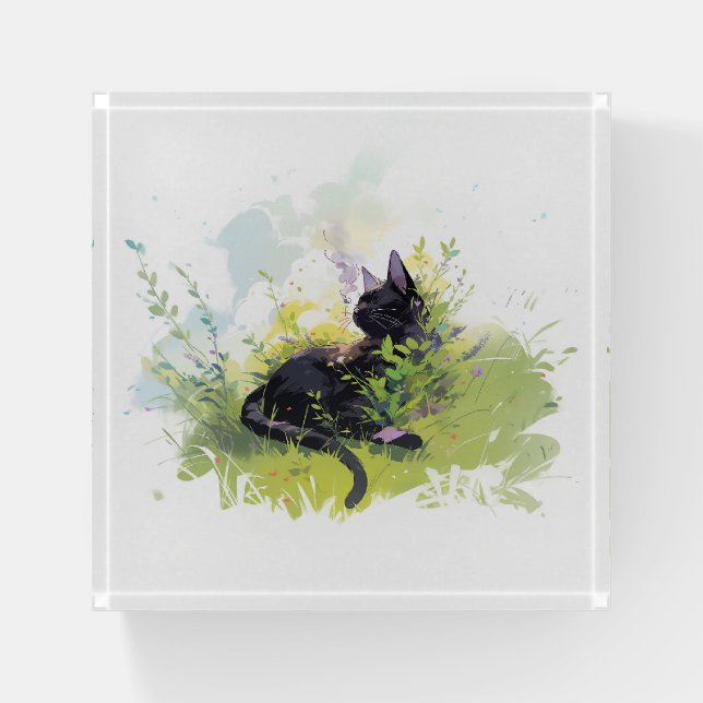 Black Cat on Grass Paperweight (Front)