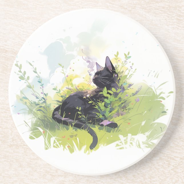 Black Cat on Grass Sandstone Coaster (Front)