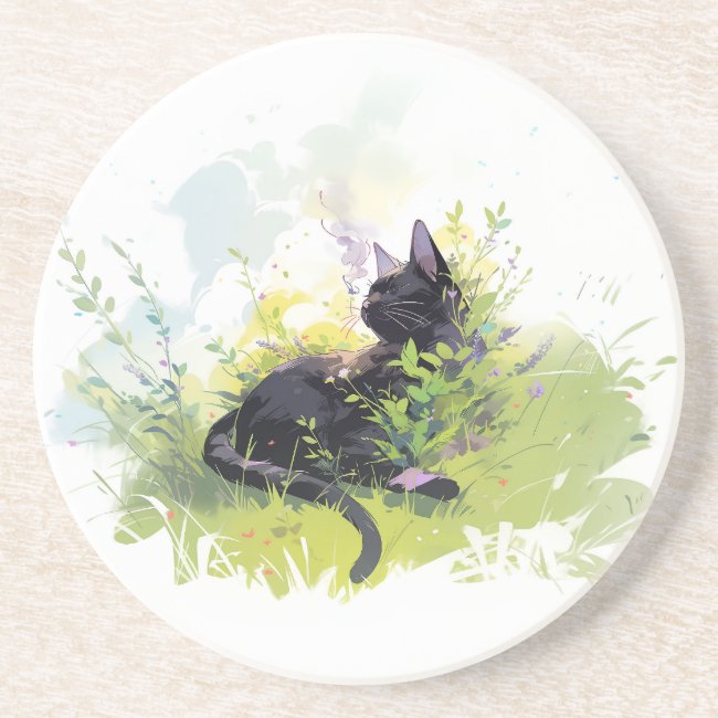 Black Cat on Grass Sandstone Coaster