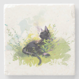 Black Cat on Grass Stone Coaster