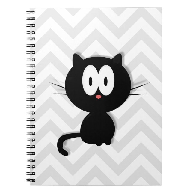 Black Cat on gray chevron Notebook (Front)