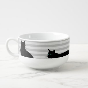 Black Cat on Gray Striped Kitchen Soup Mug
