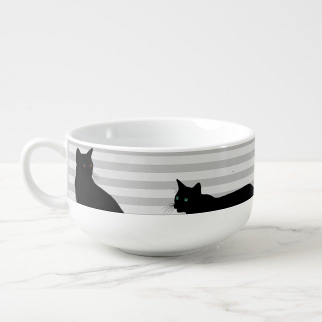 Black Cat on Gray Striped Kitchen Soup Mug (Right)