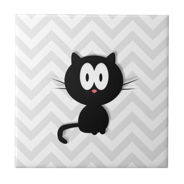 Black Cat on grey chevron Ceramic Tile (Front)