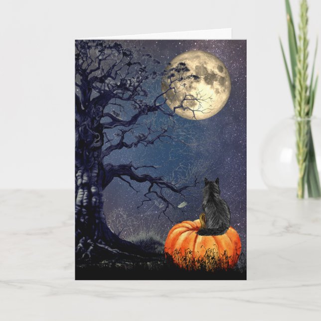Black Cat on Halloween Night Card (Front)