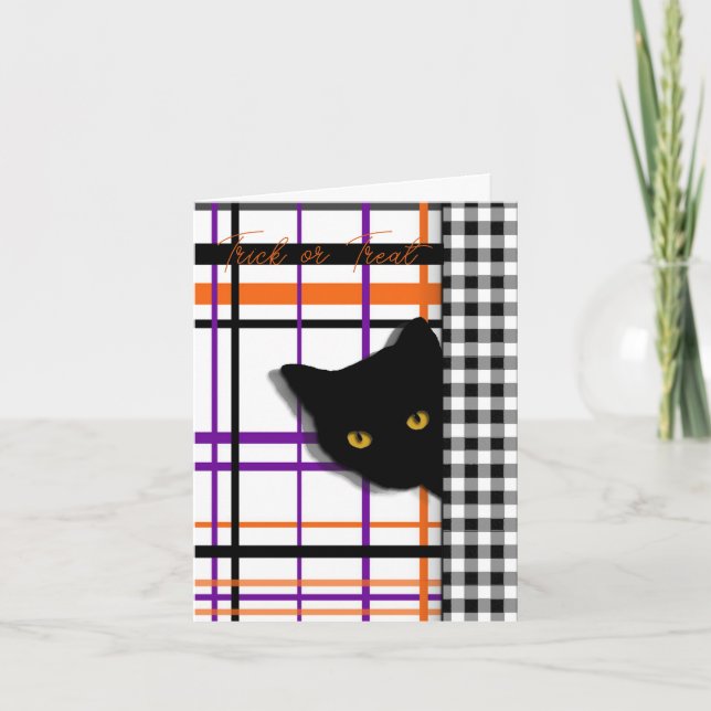 Black Cat on Halloween Plaid and Checks  Card (Front)