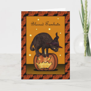 Black Cat on Jack-o-lantern Samhain Greeting Card