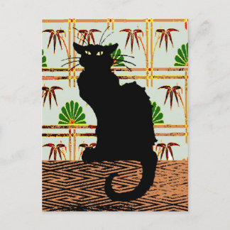 Black Cat on Japanese Wall Paper Postcard
