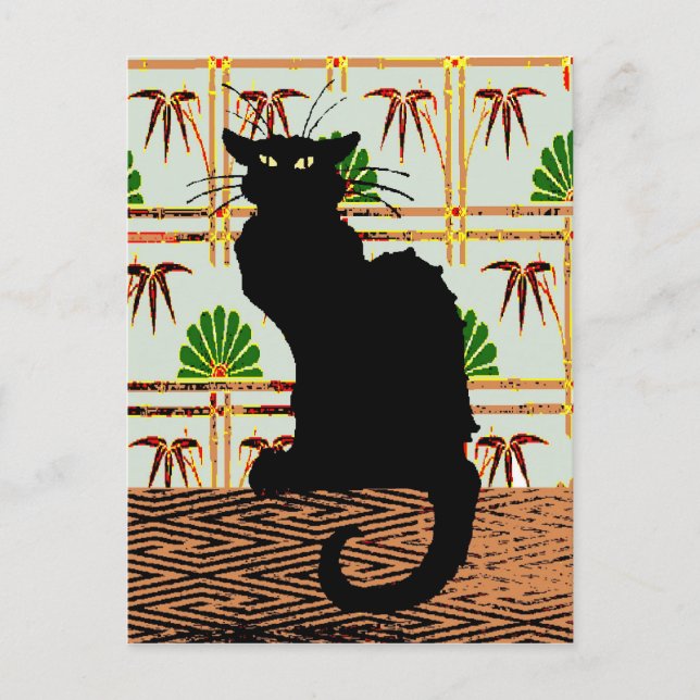 Black Cat on Japanese Wall Paper Postcard (Front)