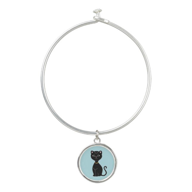 Black Cat on Light Blue Bangle Bracelet (Front)