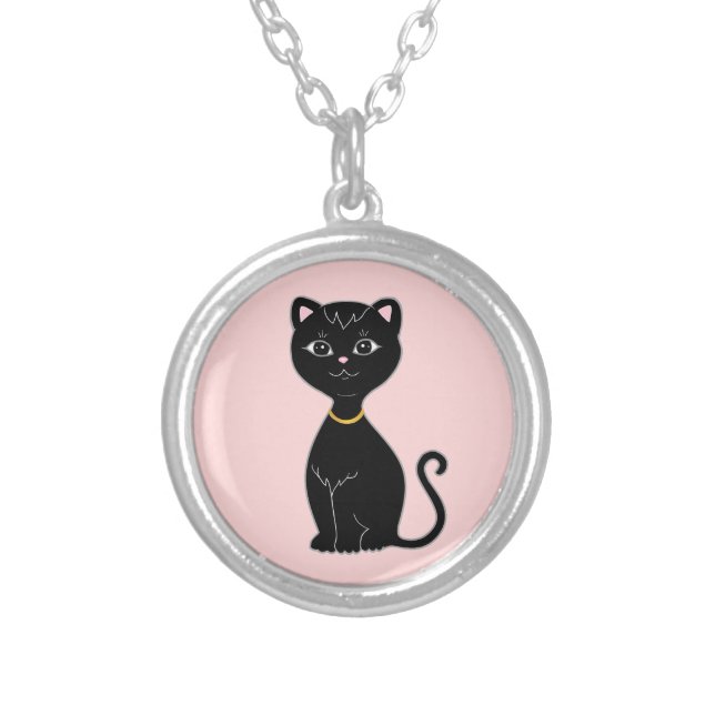 Black Cat on Light Pink Silver Plated Necklace (Front)