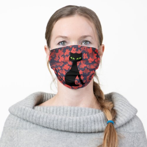 Black Cat on Orange Flowers Adult Cloth Face Mask