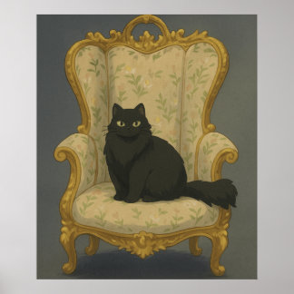 Black Cat on Ornate Chair – Elegant Gothic Pet Por Poster