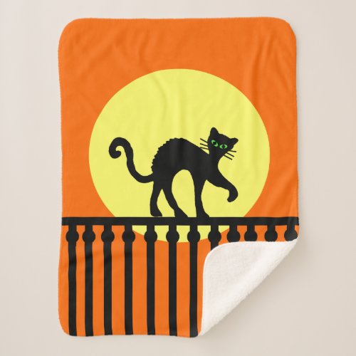 Black Cat on Ornate Fence Full Moon Vibrant Orange Sherpa Blanket